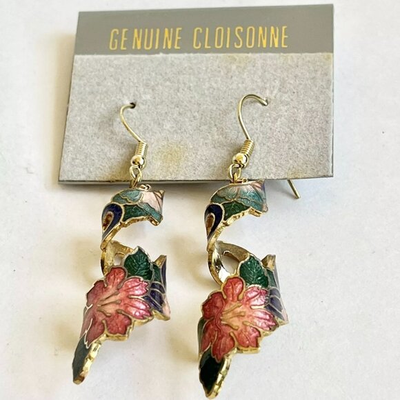 Vintage Red Hibiscus Flower Cloisonne Earrings Enamel Dangle Gold Tone Taiwan - Picture 7 of 11